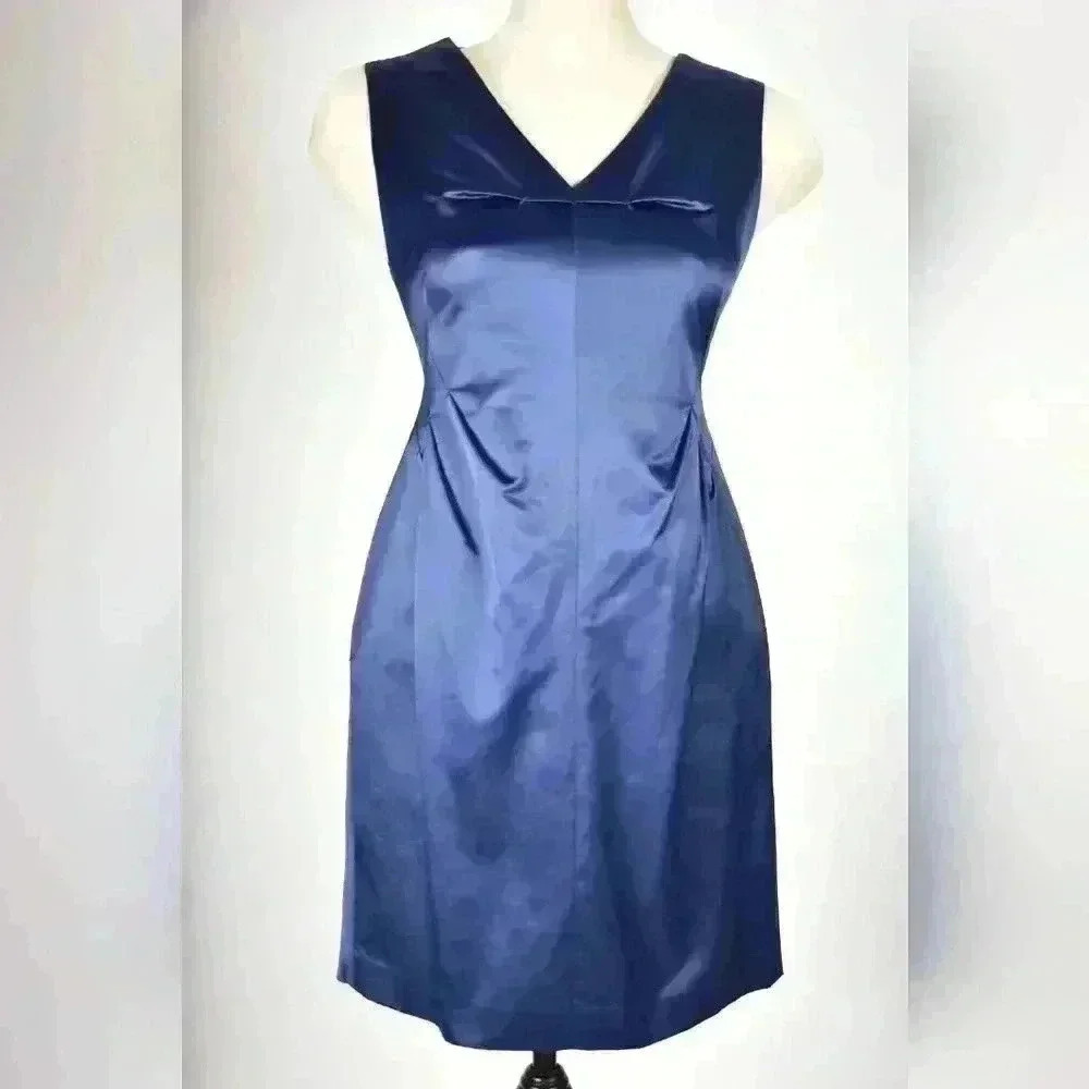 ROBERT RODRIGUEZ Navy Blue Cotton Poly Satin Shift Pleat Fitted Dress 4US Small